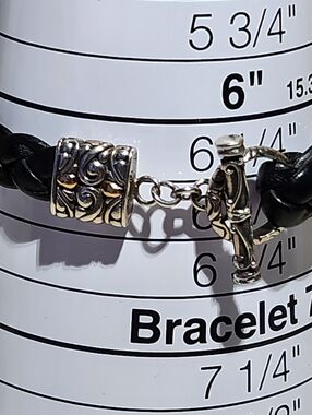 Braided Black Leather Bracelet - Ornate Sterling Silver Toggle 18k Gold Accents